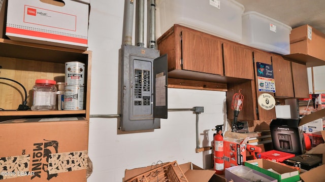 interior space with electric panel and brown cabinets