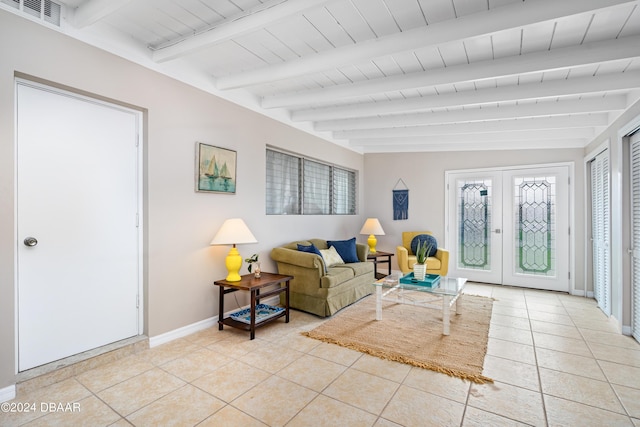 tiled living room with beamed ceiling, wood ceiling, and french doors