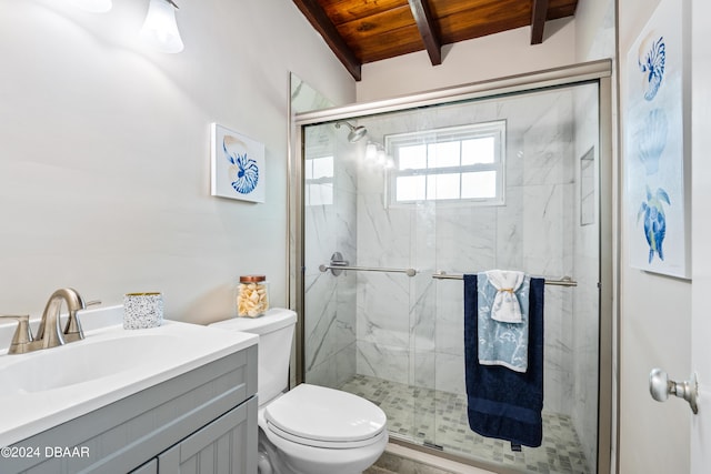 bathroom with vanity, wooden ceiling, beamed ceiling, toilet, and a shower with shower door