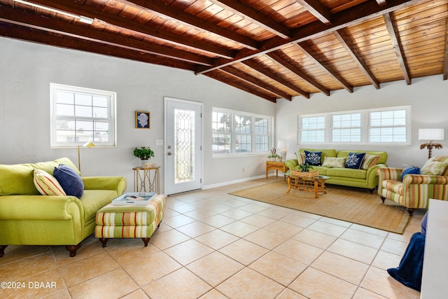 living room featuring light tile patterned floors, lofted ceiling with beams, and wooden ceiling