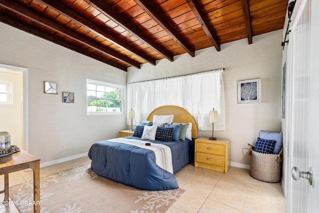 tiled bedroom featuring vaulted ceiling with beams and wooden ceiling