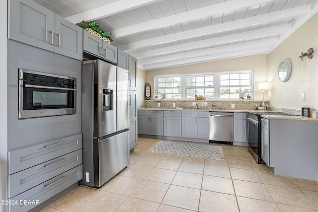 kitchen with vaulted ceiling with beams, stainless steel appliances, gray cabinetry, and wood ceiling