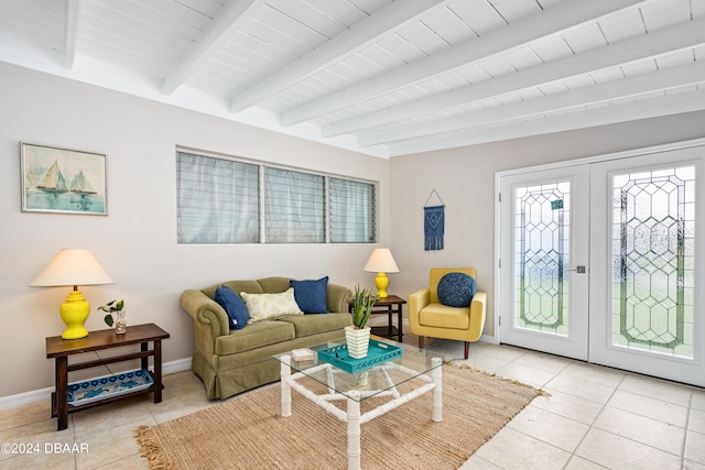 living room featuring light tile patterned flooring, wood ceiling, beam ceiling, and french doors