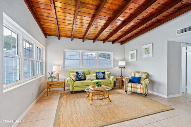 tiled living room with lofted ceiling with beams and wood ceiling