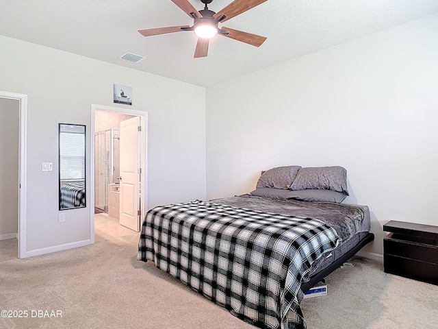 bedroom with visible vents, light colored carpet, baseboards, and ceiling fan