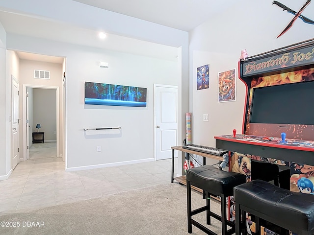 rec room featuring tile patterned floors, carpet flooring, baseboards, and visible vents