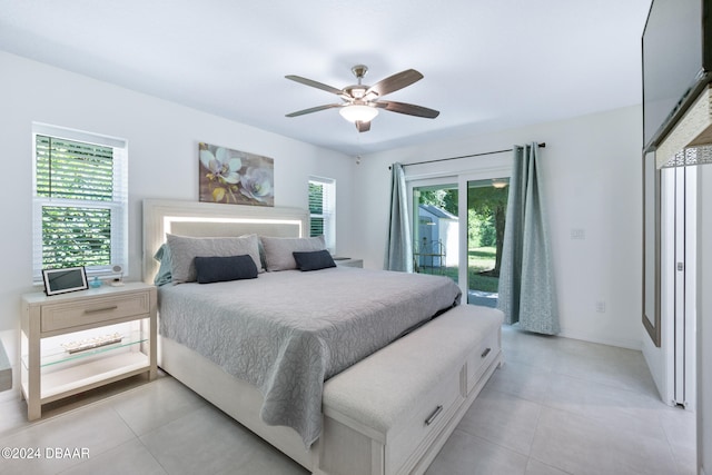 bedroom featuring ceiling fan, access to exterior, and multiple windows