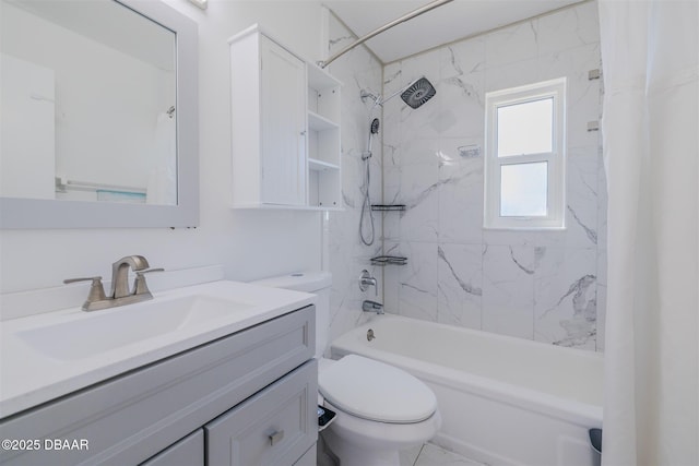 bathroom with toilet, shower / bath combo with shower curtain, and vanity