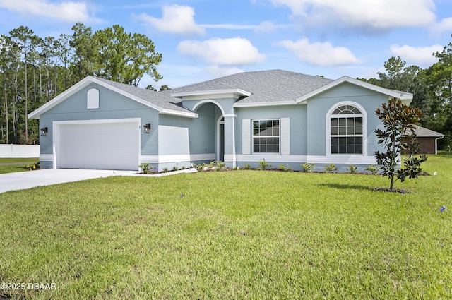 ranch-style home with a garage and a front yard