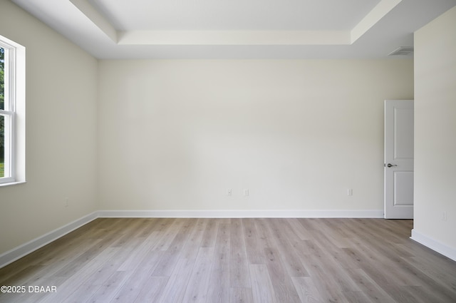 spare room with plenty of natural light, light hardwood / wood-style flooring, and a raised ceiling