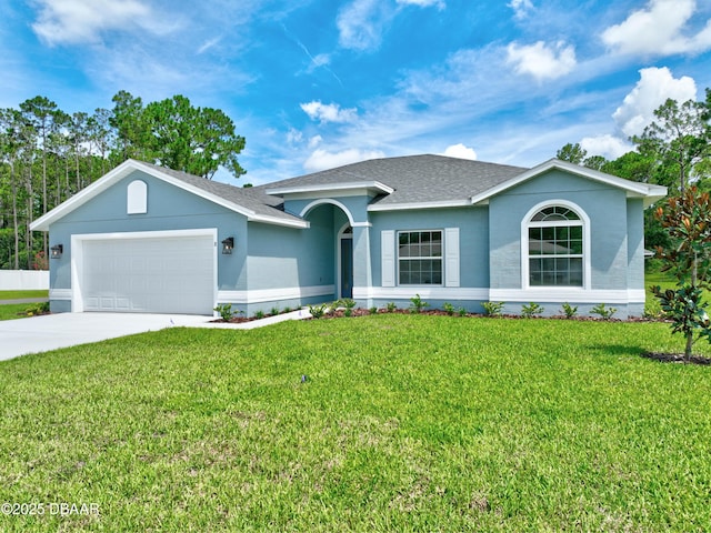 ranch-style house with a garage and a front yard