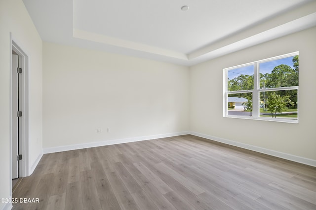 spare room with light hardwood / wood-style flooring and a raised ceiling