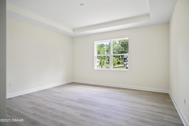 empty room with light hardwood / wood-style floors and a raised ceiling