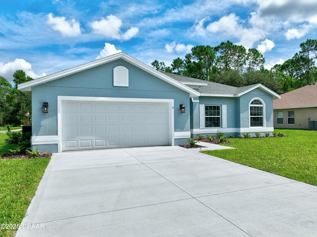 ranch-style house with a front lawn and a garage