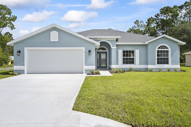 ranch-style house featuring a garage and a front yard