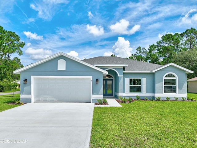 ranch-style house with a front lawn and a garage