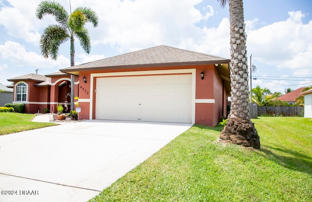 view of front of property with a front lawn and a garage