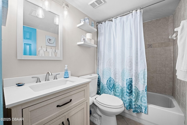 full bathroom featuring shower / tub combo, vanity, tile patterned floors, and toilet