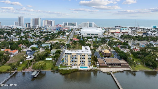 drone / aerial view with a water view