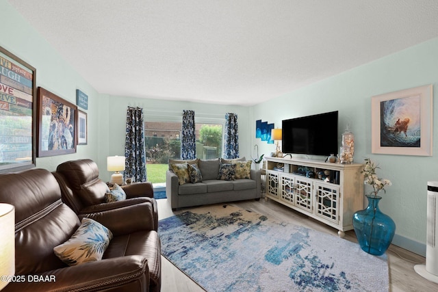 living room featuring a textured ceiling and light hardwood / wood-style flooring