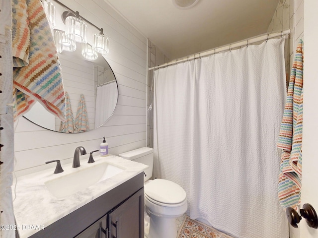 903 Conrad Dr, New Smyrna Beach, FL 32168 - bathroom with vanity, wood walls, and a shower with shower curtain