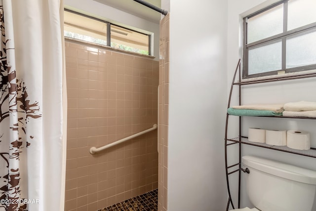 bathroom with toilet and curtained shower