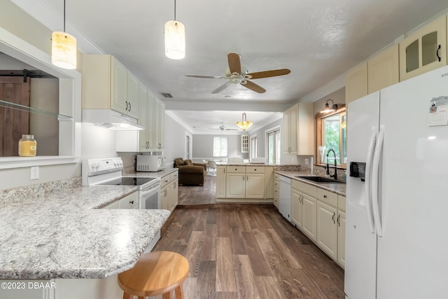 kitchen with a barn door, white appliances, sink, and kitchen peninsula