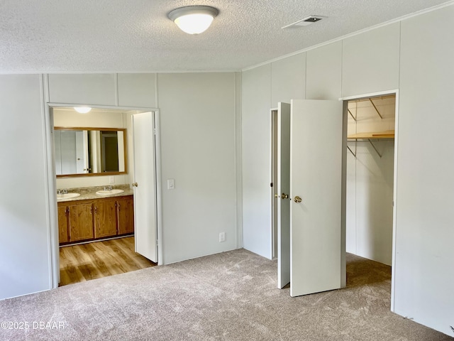 1910 Woodcrest Dr, Ormond Beach, FL 32174 - unfurnished bedroom featuring carpet flooring, a textured ceiling, a sink, a decorative wall, and connected bathroom