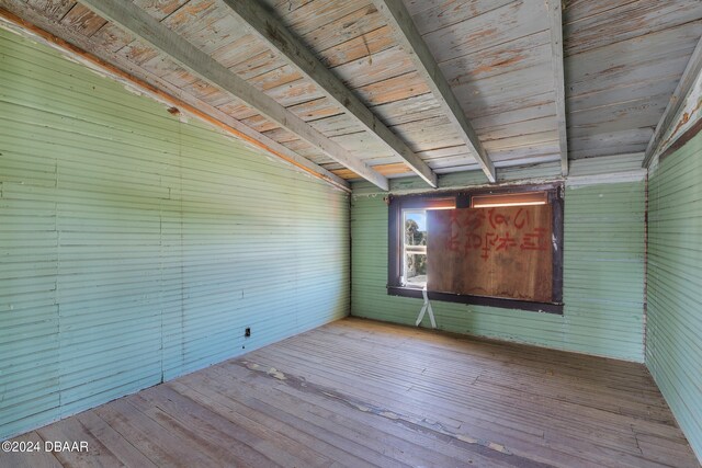 spare room featuring light wood-type flooring, wood walls, lofted ceiling with beams, and wooden ceiling