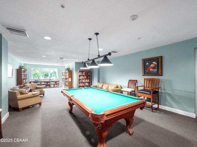 game room with carpet floors, recessed lighting, pool table, and visible vents