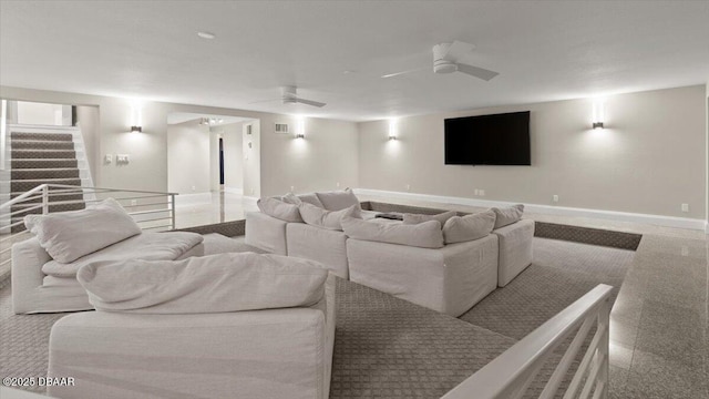 cinema with visible vents, baseboards, and ceiling fan