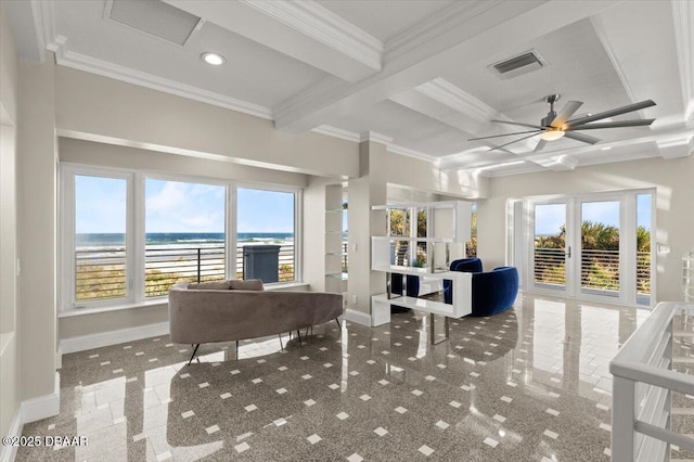 interior space featuring visible vents, baseboards, beamed ceiling, ornamental molding, and plenty of natural light