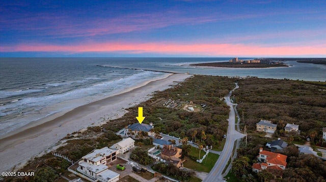 aerial view with a water view and a view of the beach