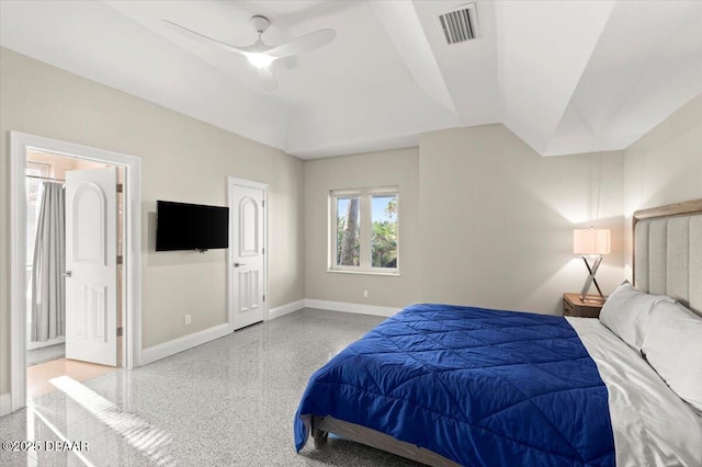 bedroom with visible vents, speckled floor, baseboards, ceiling fan, and vaulted ceiling