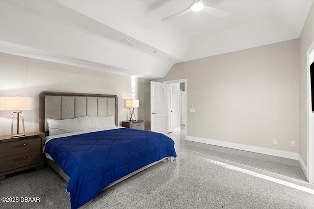 bedroom featuring a ceiling fan, baseboards, speckled floor, visible vents, and lofted ceiling