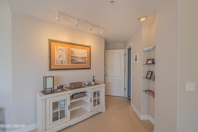 3756 S Atlantic Ave Unit 101, Daytona Beach, FL 32118 - corridor with baseboards, rail lighting, a textured ceiling, and light colored carpet