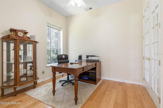 office area featuring hardwood / wood-style floors and ceiling fan