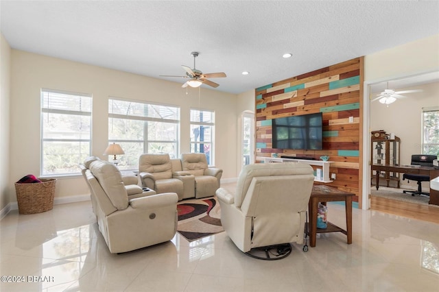 living room with a textured ceiling