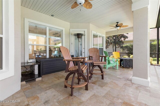 sunroom / solarium featuring ceiling fan and wood ceiling