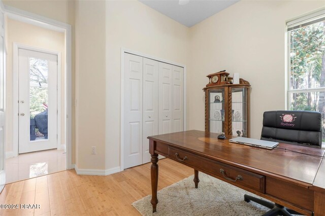 home office with light hardwood / wood-style floors and a healthy amount of sunlight