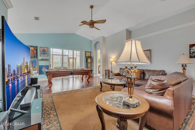 playroom featuring hardwood / wood-style floors, billiards, ceiling fan, and vaulted ceiling