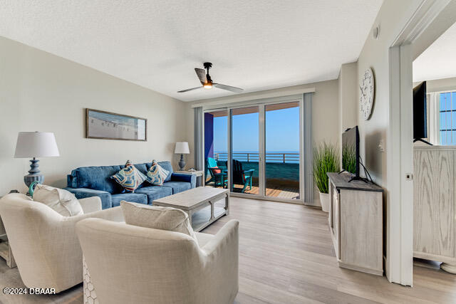 350 N Atlantic Ave Unit 2124, Daytona Beach, FL 32118 - living room featuring a textured ceiling, light hardwood / wood-style floors, and ceiling fan