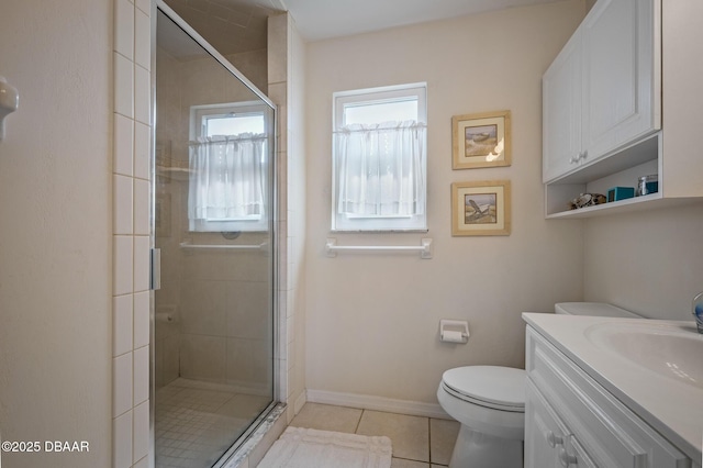 bathroom featuring vanity, toilet, a shower with shower door, and tile patterned flooring