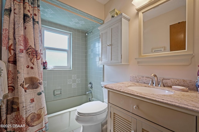 full bathroom with vanity, toilet, and shower / bath combo with shower curtain