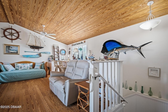 living room with vaulted ceiling, wood-type flooring, ceiling fan, and wood ceiling