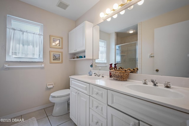 bathroom featuring a shower with door, vanity, tile patterned floors, and toilet