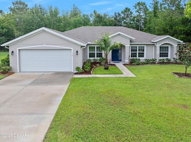118 Bird Of Paradise Dr, Palm Coast, FL 32137 - ranch-style home featuring driveway, a garage, a front yard, and stucco siding