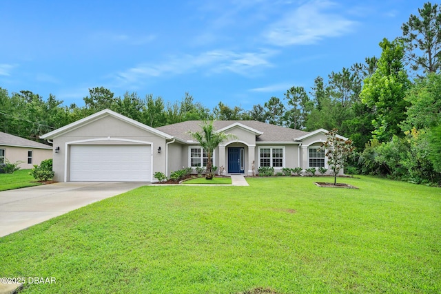 118 Bird Of Paradise Dr, Palm Coast, FL 32137 - ranch-style house featuring a garage, a front yard, driveway, stucco siding, and roof with shingles