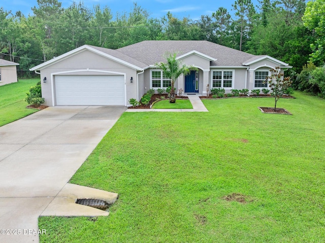118 Bird Of Paradise Dr, Palm Coast, FL 32137 - ranch-style home featuring concrete driveway, an attached garage, a front lawn, and stucco siding