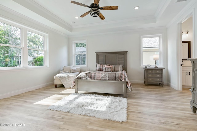 6 Willow Trce, Flagler Beach, FL 32136 - bedroom featuring a raised ceiling, crown molding, light wood-type flooring, baseboards, and recessed lighting